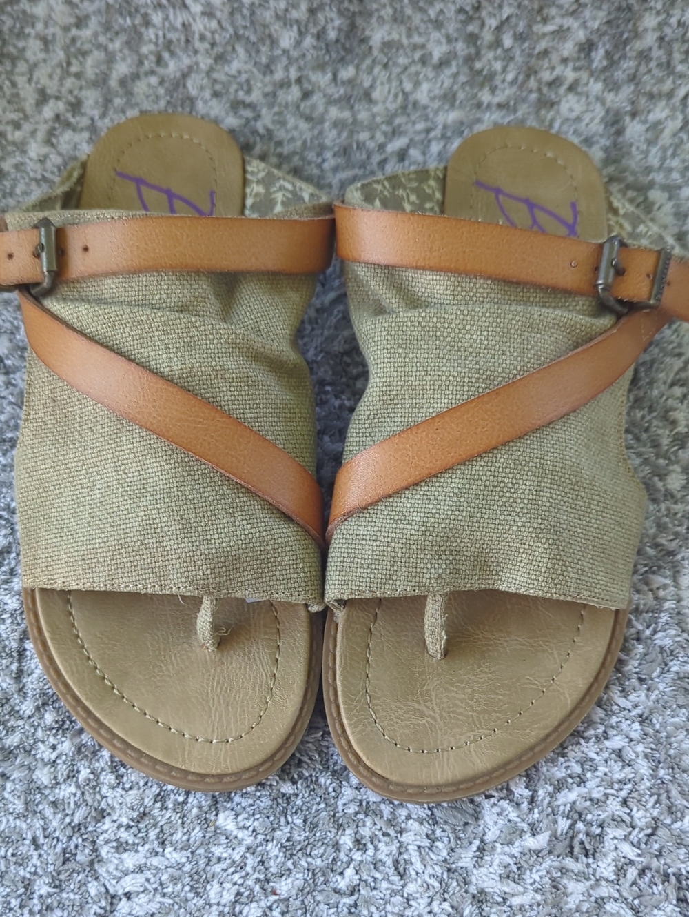 Blowfish Malibu Tan Canvas Slide Sandals with Brown Leather Straps Size USA 6 M